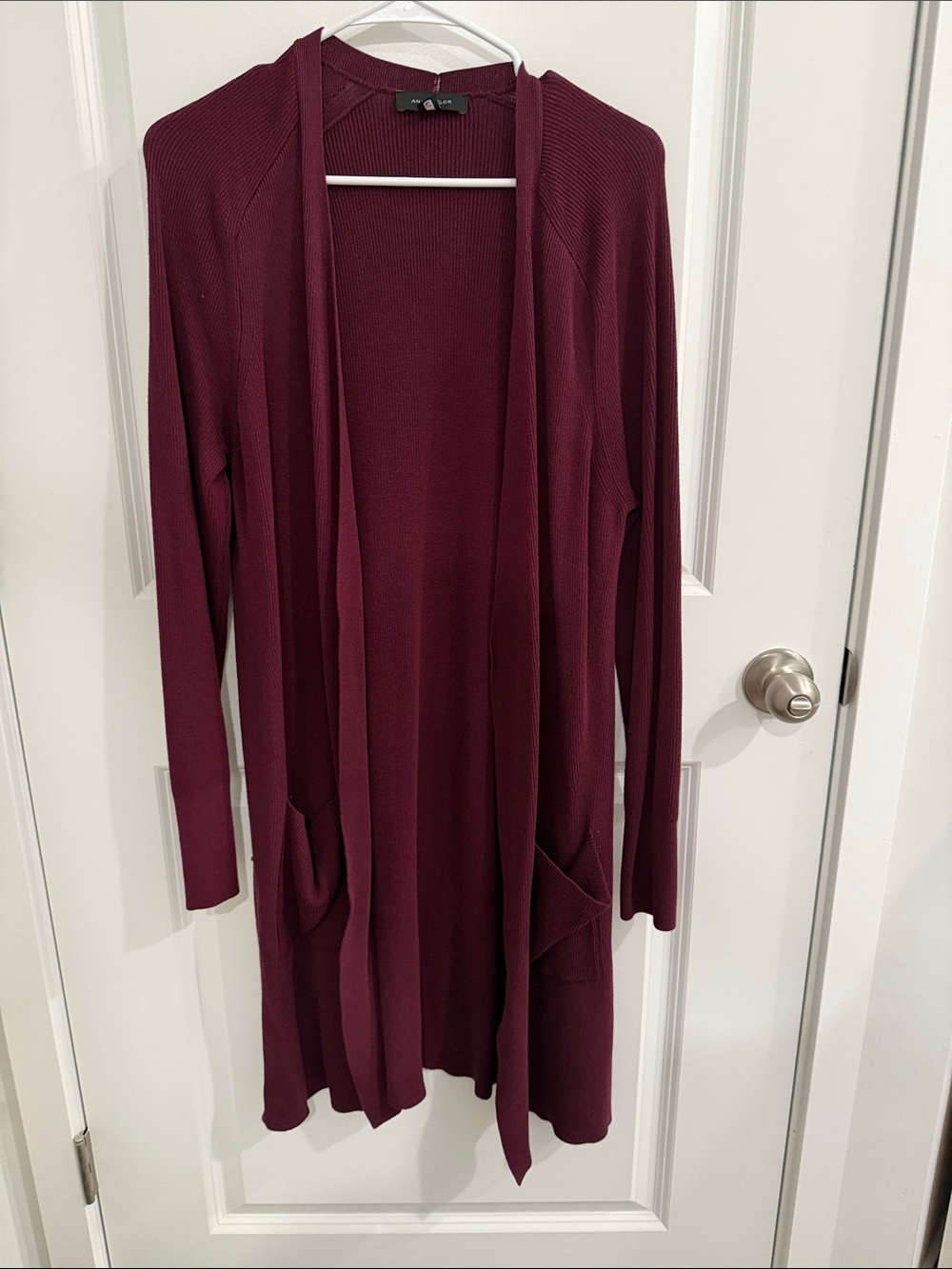 Ann Taylor Long Open-Front Cardigan in Deep Wine